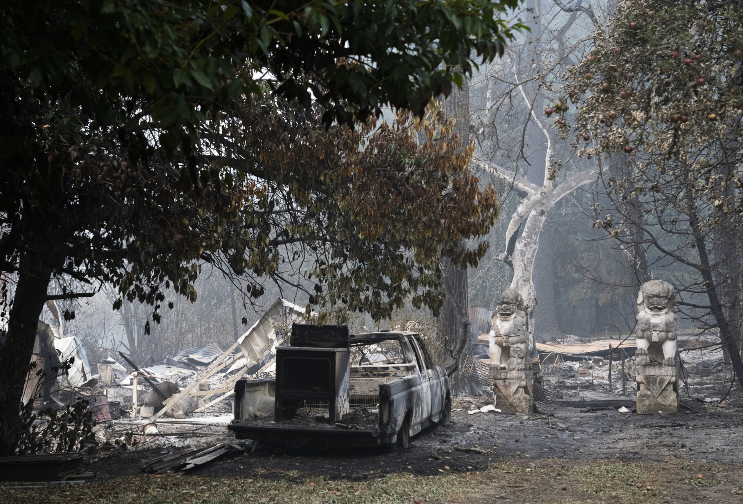 A burned house near the Riverside fire on September 14, 2020 in Estacada, Oregon. Some residents chose to return to their homes as favorable weather helped slow the fire’s spread.